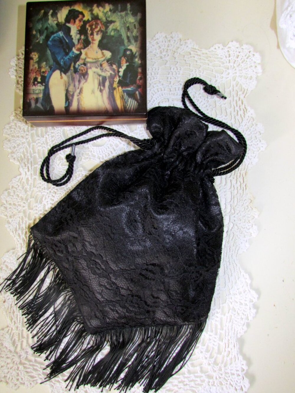 REGENCY RETICULE, BLACK LACE BAG for JANE AUSTEN COSTUME + VICTORIAN HANDBAG - Picture 2 of 3